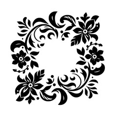 Intricate Black and White Floral Frame: A symmetrical design featuring detailed flowers, leaves, and swirling elements arranged in a circular pattern, perfect for elegant decoration or embellishment.