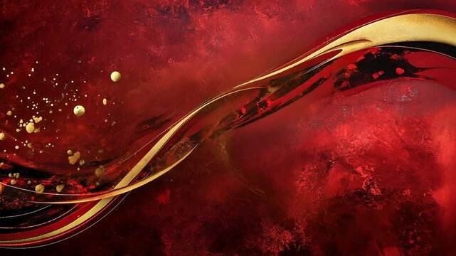 Elegant swirling golden line with shimmering speckles on deep ruby red texture