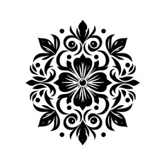 A symmetrical, black and white floral mandala, composed of swirling leaves, intricate petal patterns, and elegant ornamental elements, set against a pure white background.