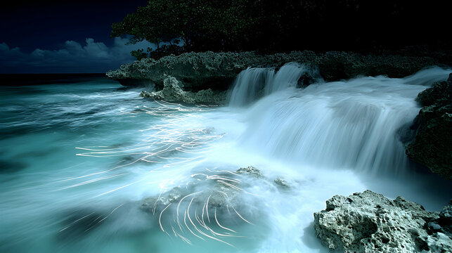 Cascading waterfall flows over rocky terrain into the ocean The sky is dark hinting at nightfall over water creating