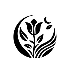 Elegant Black and White Floral Logo: A stylized tulip with surrounding crescent moon, leaves, and flowing lines, conveying nature's simplicity.