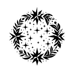 Intricate symmetrical black and white botanical and starburst illustration, forming a circular design with sharp, stylized leaves, star shapes, and dot accents on a clean white background.
