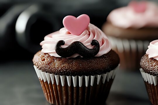 Chocolate cupcake with pink frosting decorated with black mustache and pink heart on top, romantic fathers day dessert concept on dark background.