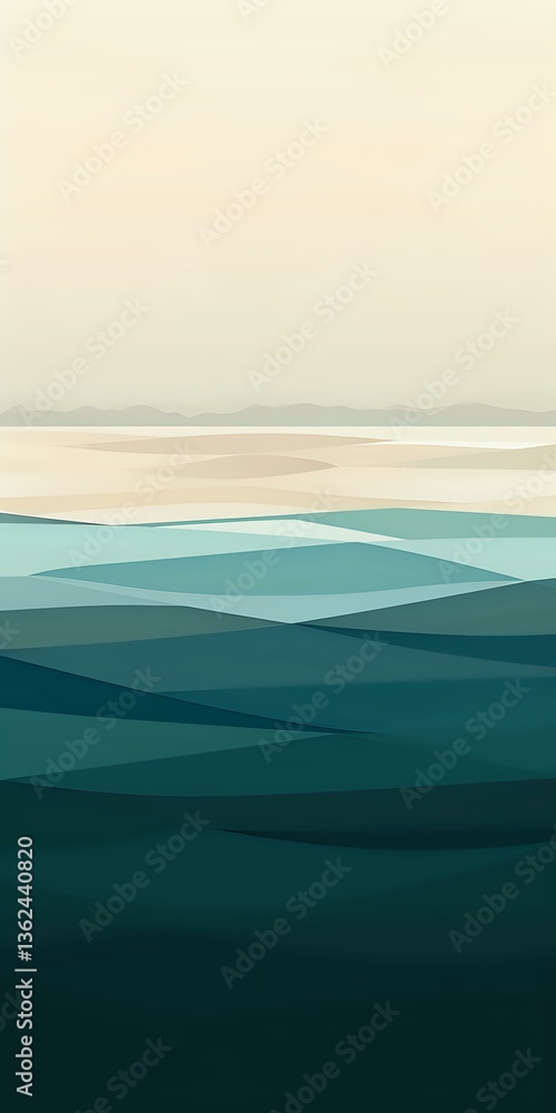 Poster minimalist seascape with layered waves in teal and cream tones, abstract geometric shapes creating d