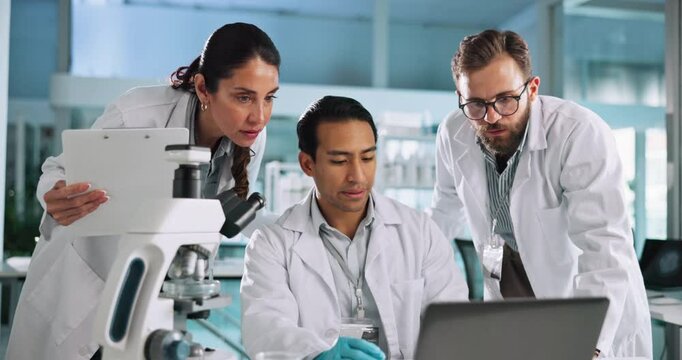 Group, scientist or people on laptop in lab for science breakthrough, clinical trial or discovery. Online, medical team and checking results on technology for vaccine research, cure or development