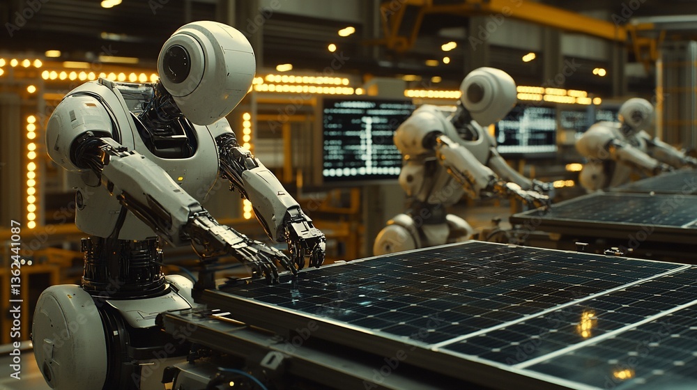 Poster robots assembling solar panels in a futuristic factory