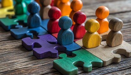 Wooden figures in diverse colors connecting on jigsaw pieces, visualizing teamwork and HR strategies for inclusive workplace cultures, highquality, detailed digital artwork