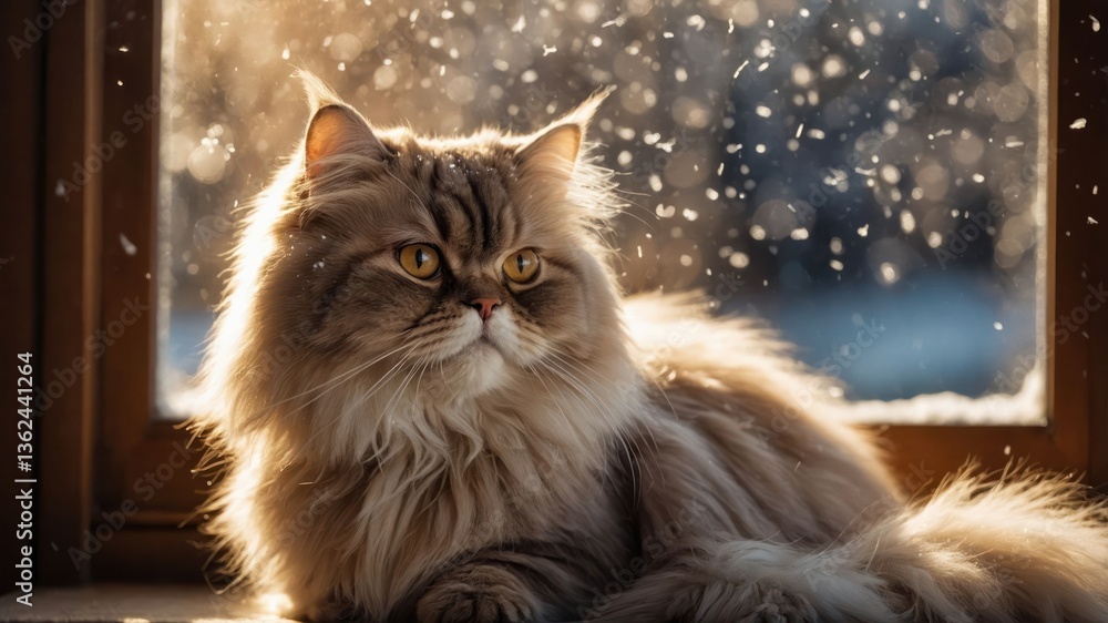 Poster a fluffy cat gazing out a window with snowflakes falling softly in the background.