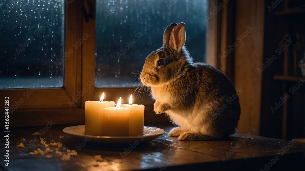 Poster a serene rabbit sits by a window with candles, illuminated by soft light and rain outside.