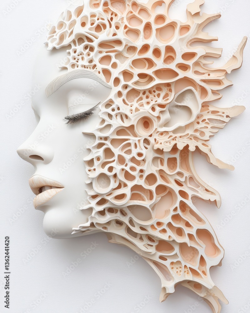 Aufkleber white mannequin head disintegrating into layered floral texture on face with symbolic metamorphosis 