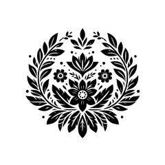 Elegant monochrome floral mandala design, featuring intricate leaf and flower motifs arranged in a symmetrical circular pattern on a stark white background.