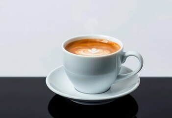 Sleek white coffee cup, steaming espresso, minimalist design, photography, visual