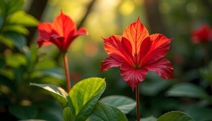 Captivating Red Hibiscus Flower Illuminated by Soft Sunlight in Lush Greenery