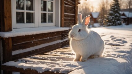 A white rabbit sitting on a snowy surface near a wooden cabin at sunset.
