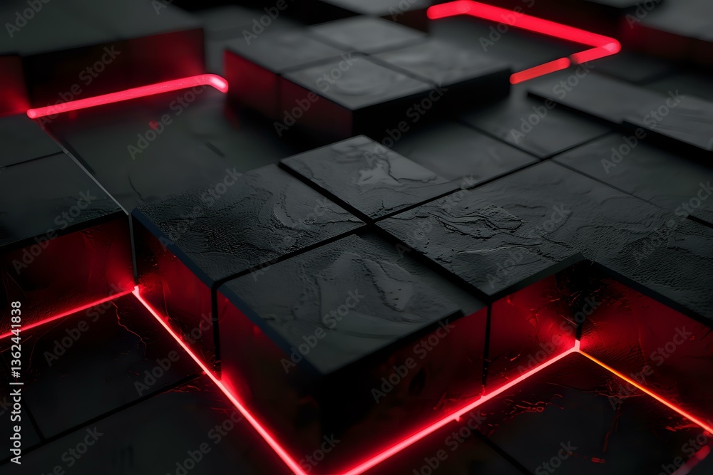 Poster abstract black geometric surface with glowing red neon lines between textured square blocks creating