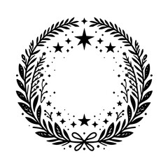 Black and white minimalist illustration of a botanical wreath encircling stars, depicting a festive and elegant design.