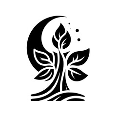 Symbolic black and white illustration: A stylized tree growing within a crescent moon, with stars, representing growth, night, and nature.