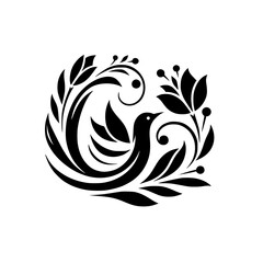 A stylized black and white bird within an elegant floral and foliage wreath, reminiscent of a classic emblem or logo.