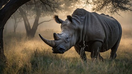 Fototapeta premium A majestic rhinoceros stands in a misty landscape, highlighting wildlife beauty.