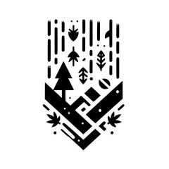 Minimalist Emblem: A black and white geometric illustration featuring stylized trees, leaves, and abstract landscape elements, presented within a shield-like frame on a white backdrop.