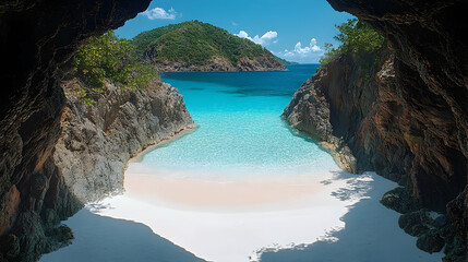 Fototapeta premium Cave opening to a white sand beach with crystal clear turquoise water and a lush green island in the background