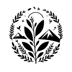 Circular Minimalist Botanical Design Featuring Mountains, Leaves, and a Central Plant Element.