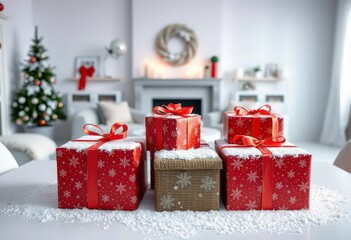 Snow-dusted presents on a white table, minimalist Scandi living room backdrop, room, minimalist