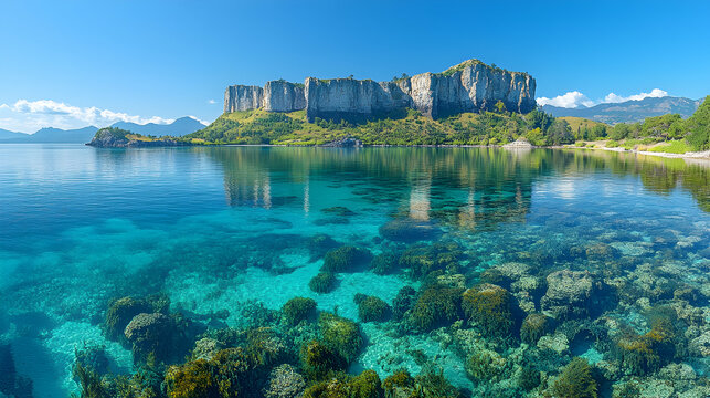 Clear blue waters reflecting dramatic cliff faces Lush vegetation on the cliffs and seabed Distant mountains under bri