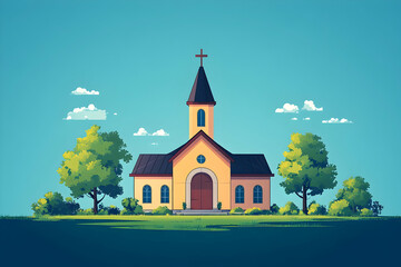 Cute little church in green fields under bright blue sky, puffy clouds, and lush trees