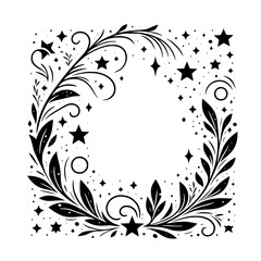 Elegant black and white floral and star border, a whimsical decorative design with flourishing foliage and celestial elements, framing a central open space.