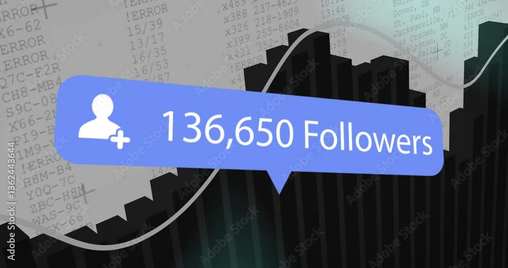 Poster animation of rising bar graph with follower count notification in school setting