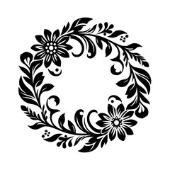 Elegant Circular Floral Design: A symmetrical black and white illustration of a floral wreath featuring intricate leaf and flower patterns, perfect for decorative purposes.