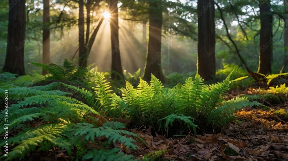 Poster sunlight filters through trees, illuminating ferns in a serene forest setting.