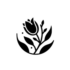 Minimalist Black and White Floral Logo: A stylized tulip with leaves and buds in a semi-circular frame against a clean white background.