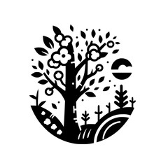 Stylized Black and White Illustration of a Fruit Tree in a Circular Landscape with a Sun, Flowers, and Rolling Hills.