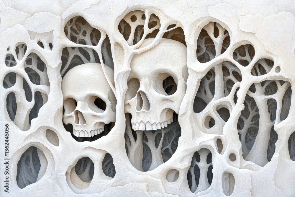 Poster group of skulls in stone texture arranged in abstract composition symbolizing death fear remembrance
