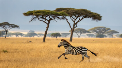 Fototapeta premium Zebra captured mid-run in open grassland landscape