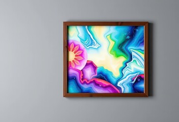 Square dark wood framed artwork mockup on gray wall,  texture, artwork