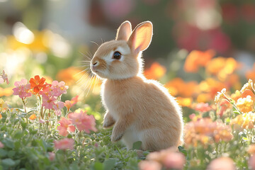 Fototapeta premium Cute rabbit stands in flowers