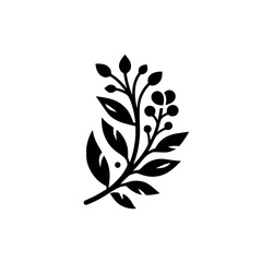 A symmetrical, minimalist botanical illustration featuring stylized leaves, berries, and stems, rendered in stark black against a pristine white backdrop, evoking a sense of elegance and balance.