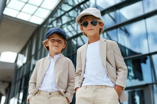 Two fashionable boys striking confident poses in stylish summer outfits outside a modern building, blending youthful charm with contemporary fashion trends in a vibrant urban setting.