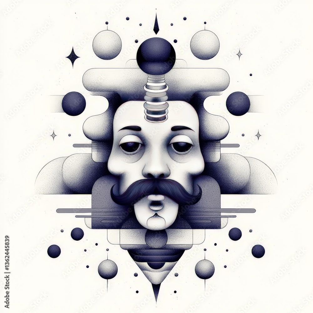 Poster surreal face composition with multiple fragmented facial expressions fused into a single visual enti