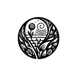 Intricate monochrome circle design featuring stylized flora and celestial elements, creating a serene and balanced aesthetic.