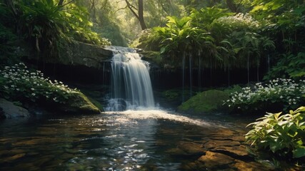 A serene forest scene featuring a gentle waterfall surrounded by lush greenery and flowers.
