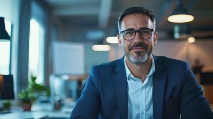 Fototapeta premium Businessman in Modern Office Exuding Confidence and Success