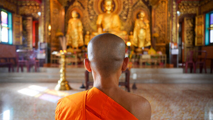 Obraz premium Back view of monk in orange robe inside ornate Asian Buddhist temple. Concept of cultural immersion, travel experience, and spiritual journey