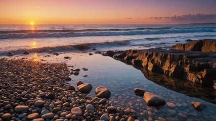 A serene beach at sunset with waves, pebbles, and reflections in shallow water.