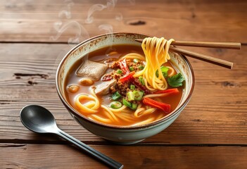 Steaming noodle bowl, chopsticks, rustic wooden table, japanese, soup