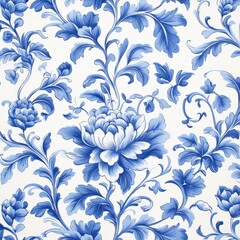 Fototapeta premium Blue and white floral porcelain inspired pattern in seamless repetition representing cultural elegance ceramic tradition visual harmony and decorative classic textile design