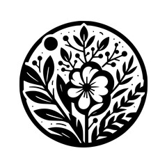 A minimalist circular design featuring a central flower surrounded by leaves, berries, and branches, forming a symmetrical botanical illustration with a simple aesthetic.